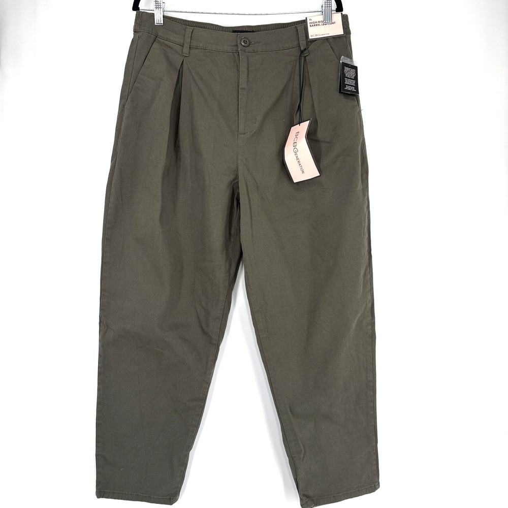BCBGeneration High Rise Barrel Leg Pants Women XL Olive Green Tapered Casual NWT